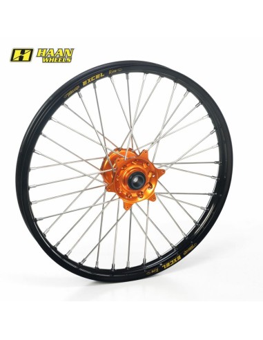 HAAN WHEELS Roată față completă 19x1,40x36T Jantă neagră/Butuc portocaliu/Spițe argintii/Piulițe pentru spițe argintii