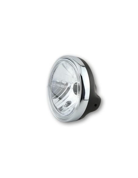 SHIN YO LTD Headlight 7", H4 Insert, Side Mounting, Clear Glass, Shiny Black/Chrome