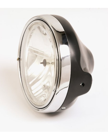 SHIN YO LTD Headlight 7", H4 Insert, Side Mounting, Clear Glass, Shiny Black/Chrome