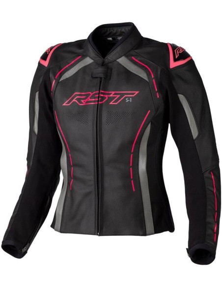 RST Ladies S1 CE Leather Jacket - Black/Neon Pink Size XS