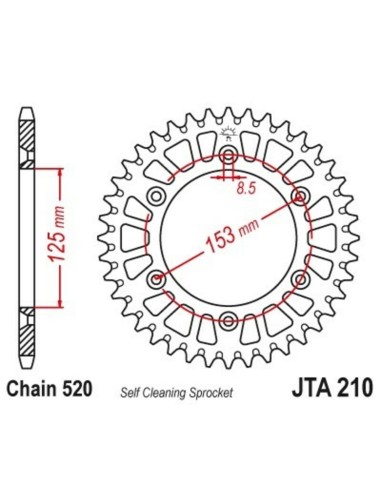 JT SPROCKETS Pinion din aluminiu ultra-ușor, cu autocurățare, 210 - 520 negru