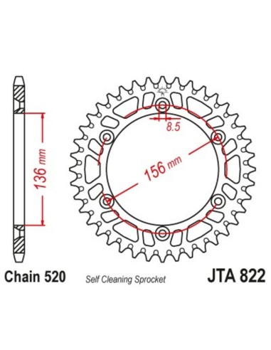 JT SPROCKETS Pinion din aluminiu ultra-ușor, cu autocurățare, 822 - 520 negru