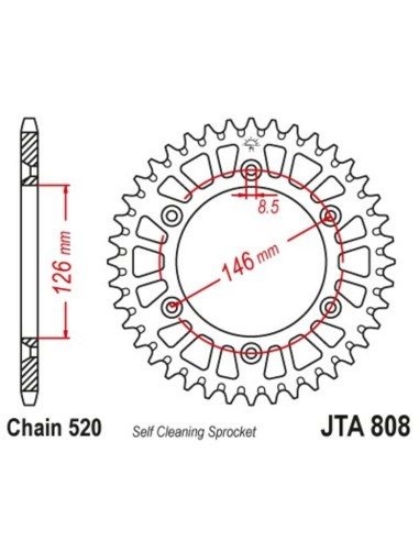 JT SPROCKETS Pinion din aluminiu ultra-ușor cu autocurățare 808 - 520 negru