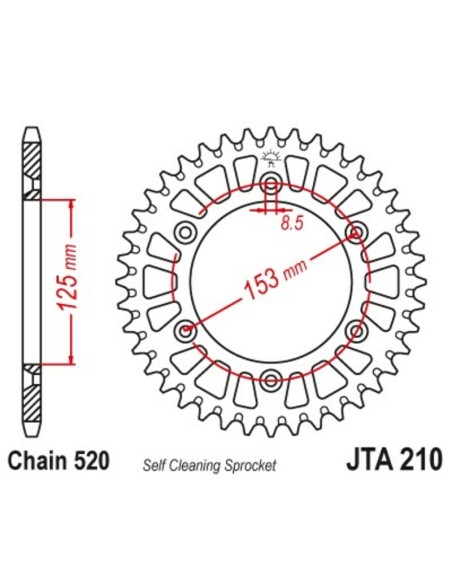 JT SPROCKETS Pinion din aluminiu ultra-ușor, cu autocurățare, 210 - 520 negru