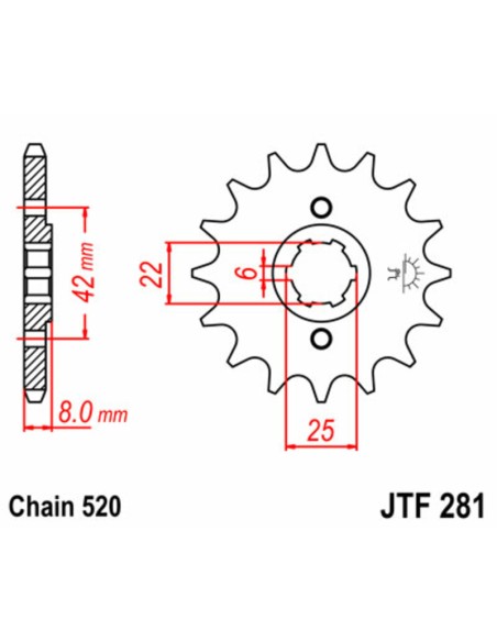 JT SPROCKETS Pinion față standard din oțel 281 - 520