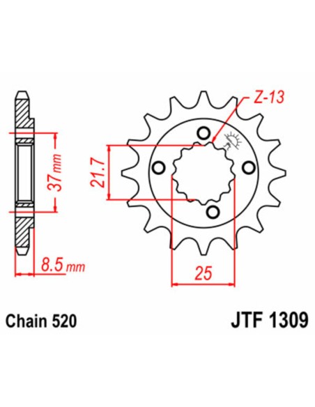 JT SPROCKETS Pinion față standard din oțel 1309 - 520