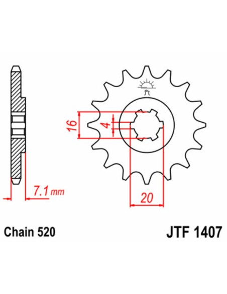 JT SPROCKETS Pinion față standard din oțel 1407 - 520