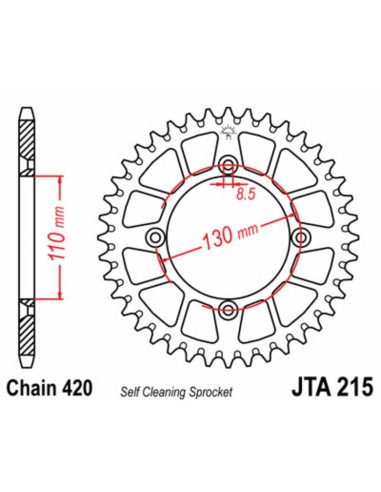 JT SPROCKETS Pinion din aluminiu, ultra-ușoară, cu autocurățare, 215 - 420