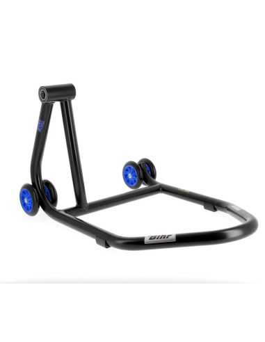 BIHR Home Track Left Single Arm Paddock Stand Matt Black Blue Wheels