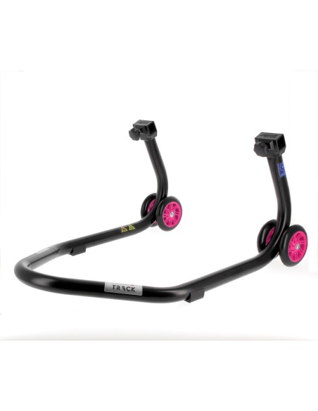 BIHR Home Track Rear Paddock Stand with "L" Adapters Matt Black Pink Wheels