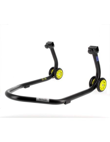 BIHR Home Track Rear Paddock Stand with "V" Adapters Matt Black Yellow Wheels